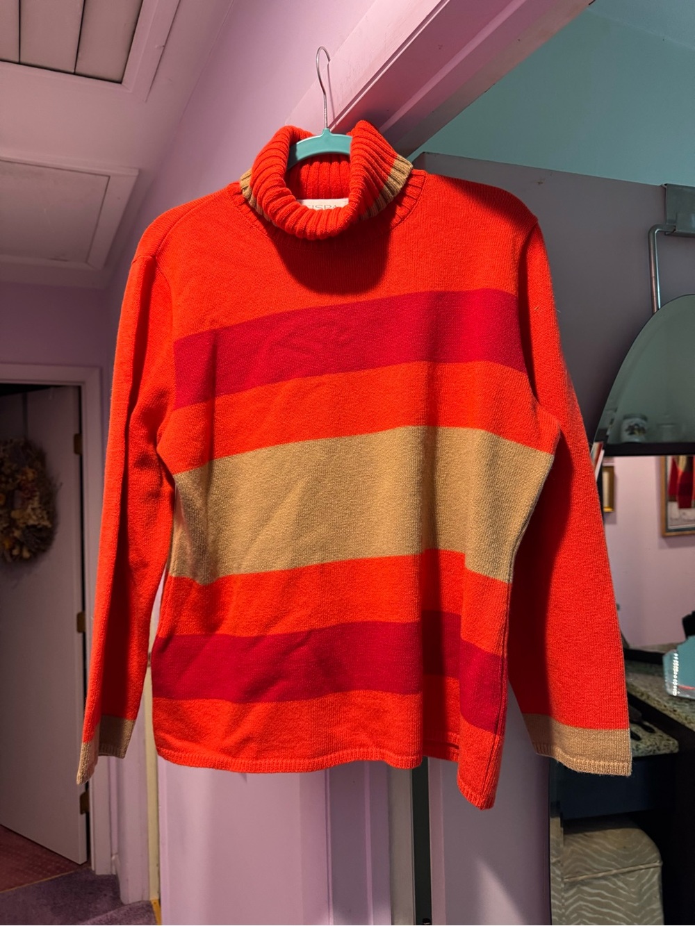VTG!! Gispa Size L Striped Turtleneck Wool Sweater in Bright Orange, Red & Beige